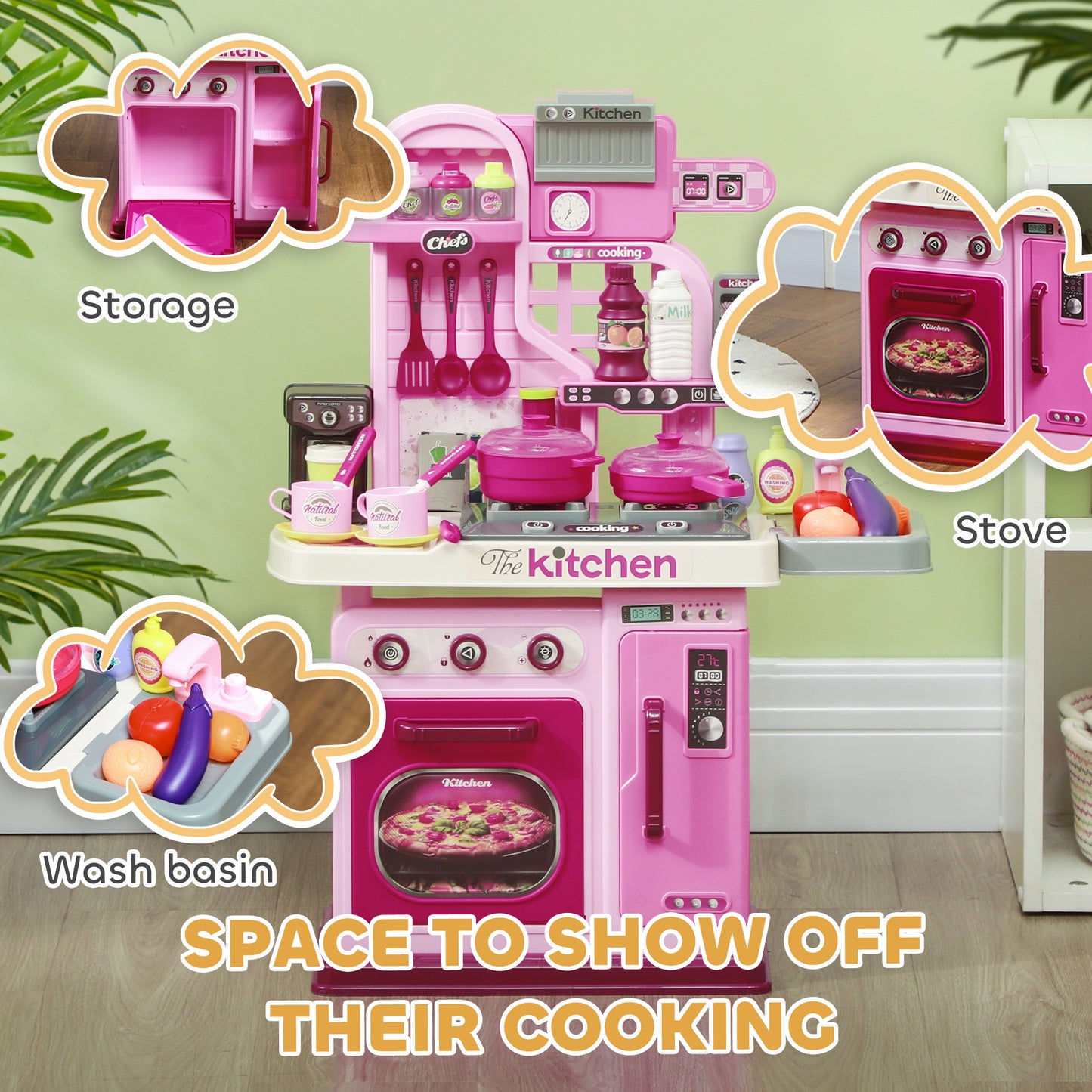 Qaba Play Kitchen, Kids Kitchen Playset Toy Kitchen with Lights, Sounds, 33 Accessories, Storage, Interactive Playset for Toddler 3-6 Years, Pink