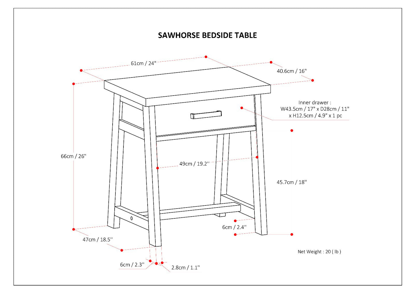 Sawhorse - Bedside Table - Dark Chestnut Brown