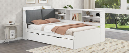 Wood Twin Size platform bed with Trundle, Shelves and Storage Headboard, White