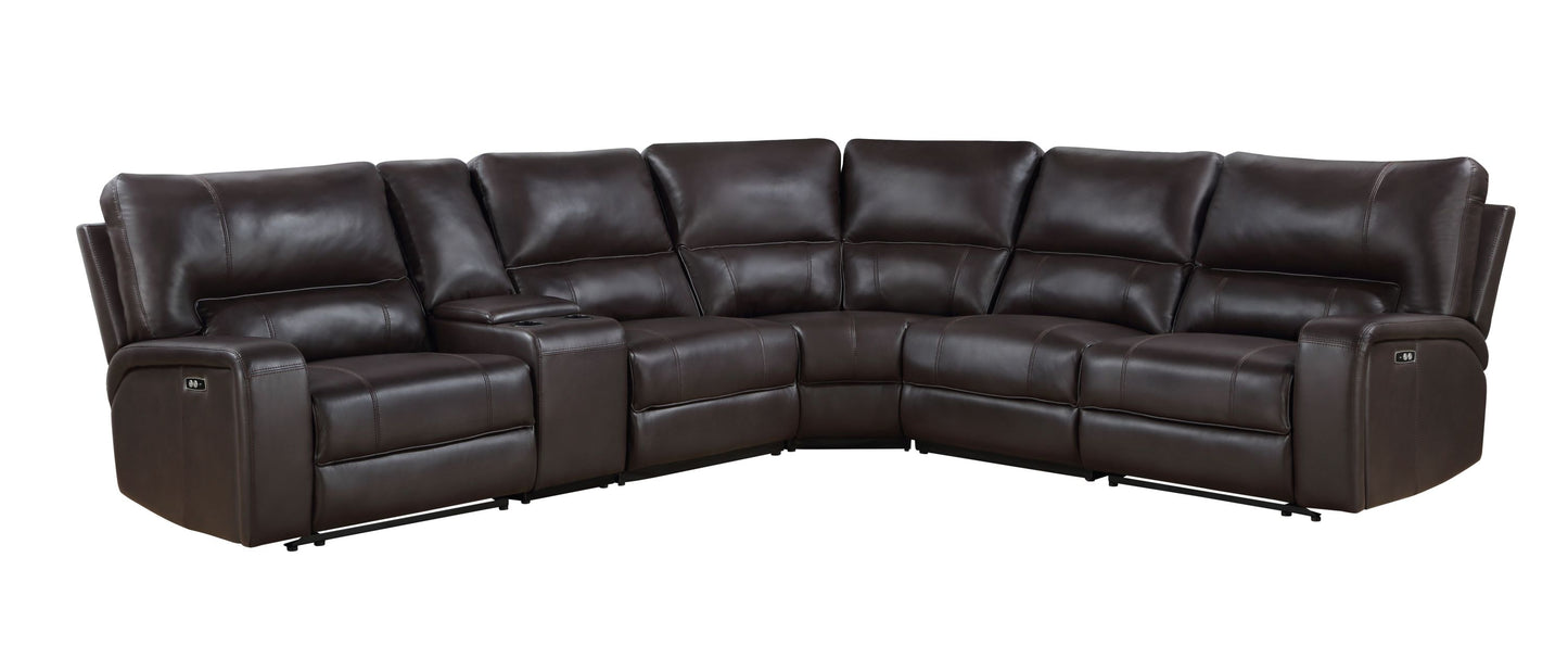 Saul Espresso Faux Leather Power Recliner Sectional Sofa w/ USB Port & Cupholder Console