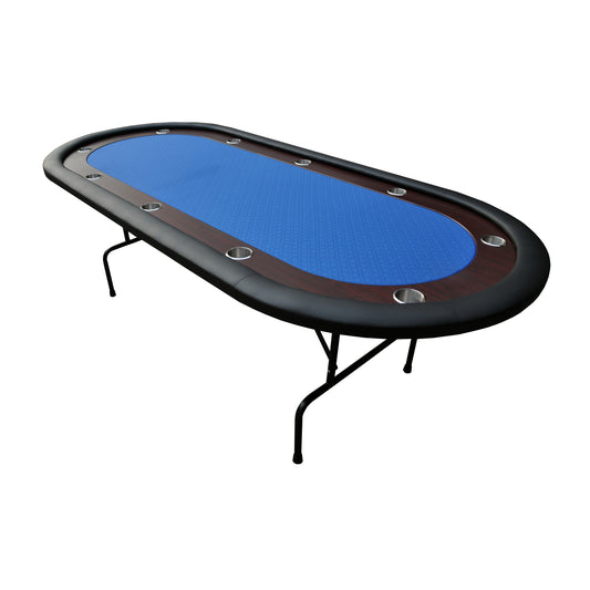 96" Light Series Foldable Poker Table with Wooden Racetrack Felt Stainless Legs Cup Holders Blue