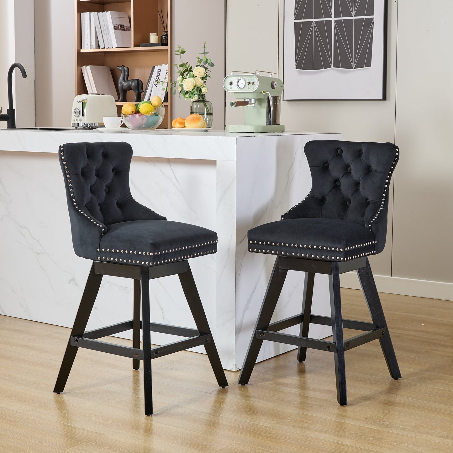 Swivel Velvet Barstools with Button Tufted Decoration and Wooden Legs, and Chrome Nailhead Trim, Leisure Style Bar Chairs,Bar stools, Set of 2 (Black),SW1860BK