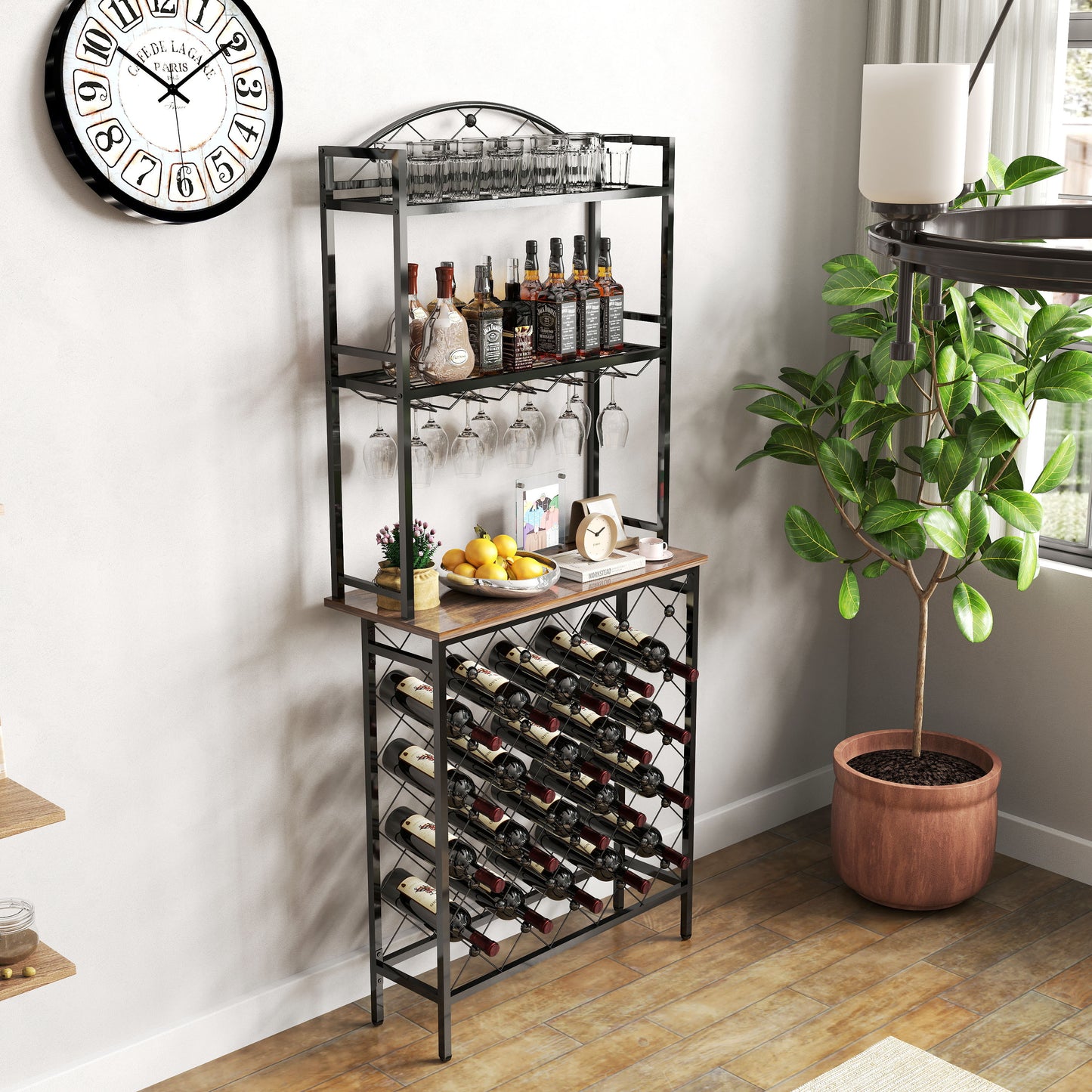 Industrial Wine Rack Bar Table, 3-Tier Liquor Bottle and Glass Holder with Storage Shelves, Metal and Wood Wine Organizer for Home Kitchen, Dining Room, and Living Room