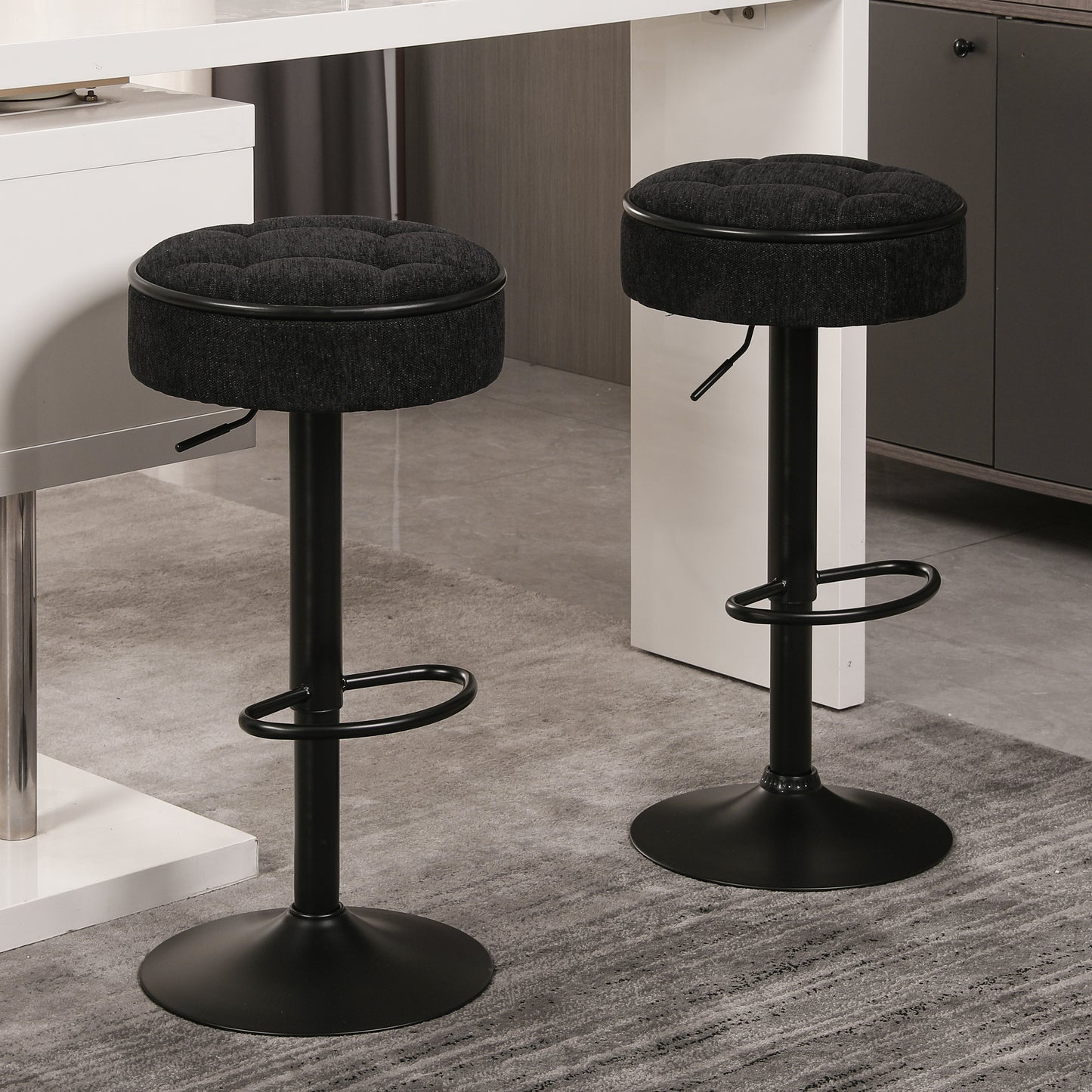 Round Storage Bar Stool Set of 2, Black Linen Height Adjustable Barstool, 360°Counter Height Swivel Stool, Armless Bar Chair with Metal Frame for Kitchen Counter Dining Living Room