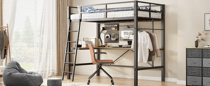 Twin Metal Loft Bed with L-Shaped Desk, Charging Station Loft Bed Frame Twin Size, Safety Guard & Ladder, No Box Spring Needed, Black