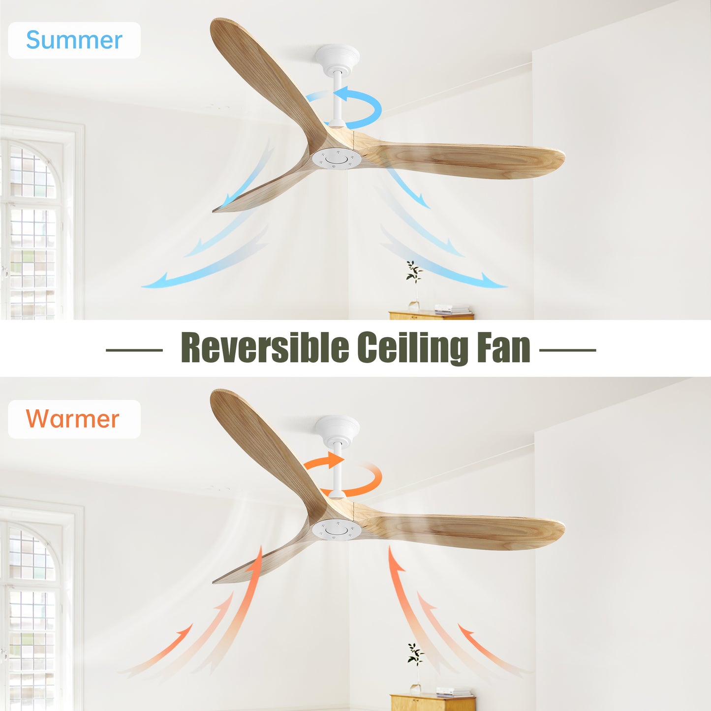 60 Inch Indoor Modern Ceiling Fan With 3 Color Dimmable 6 Speed Remote Control 3 Solid Wood Blade For Living Room