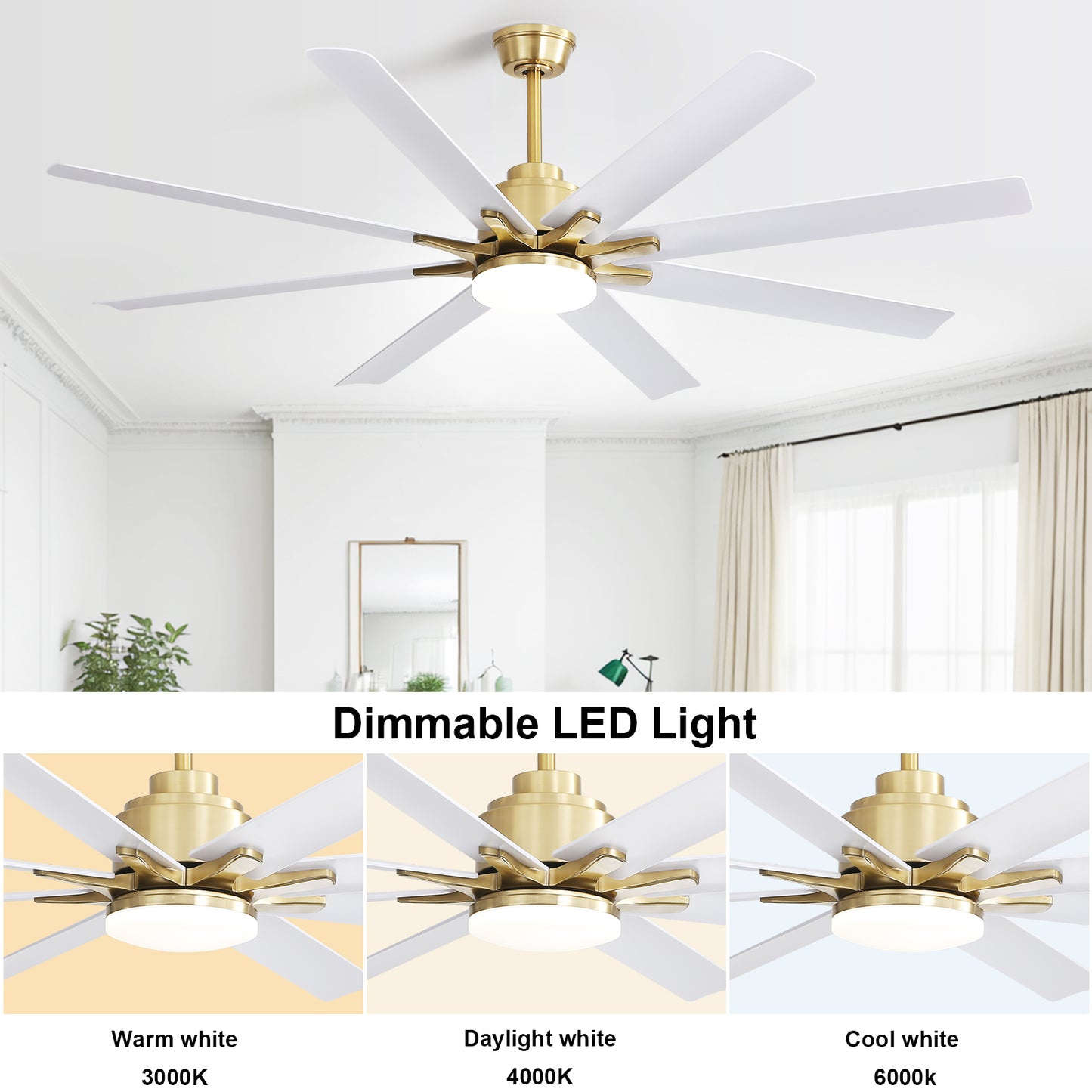 66 Inch Modern Ceiling Fan With Dimmable Led Light 8 ABS Blades Remote Control Reversible DC Motor For Home Office