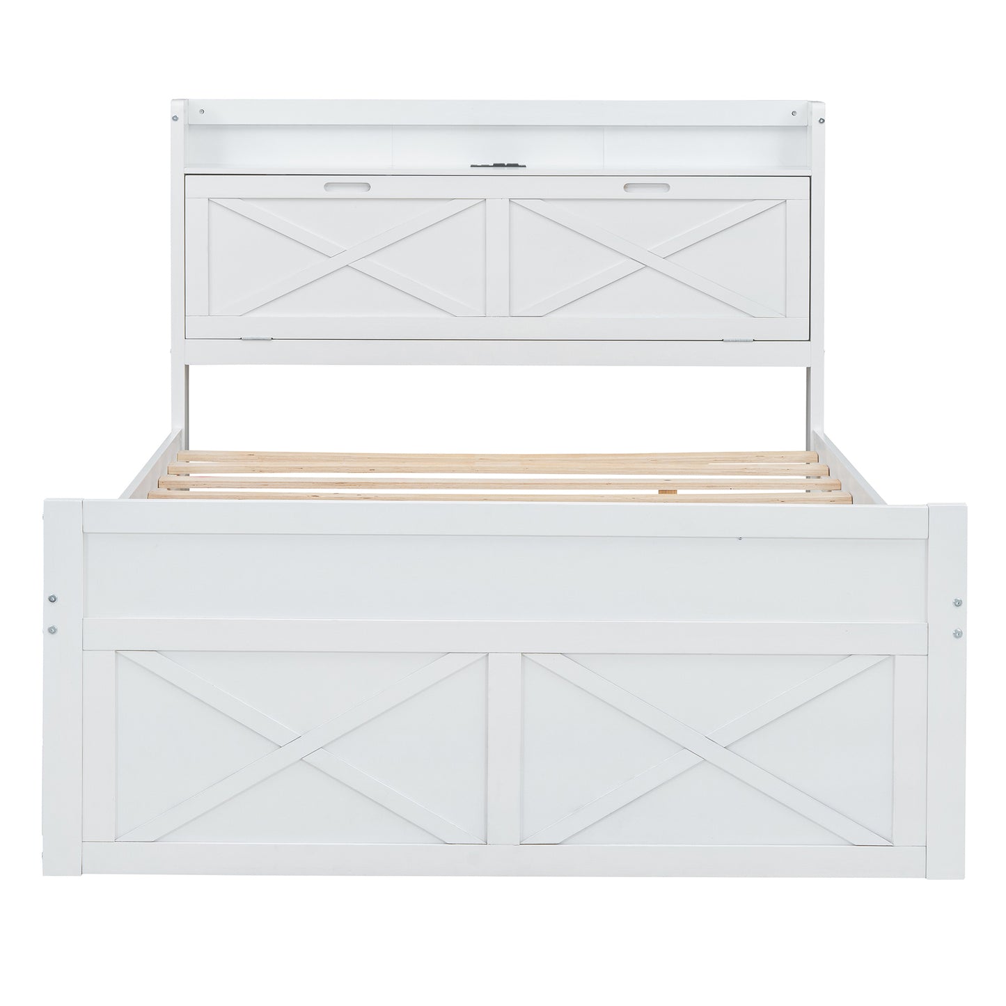 Full Size Wooden Bed with Storage Headboard with Outlets, Extendable Bed with Twin Size Trundle with Three Storage Drawers,White