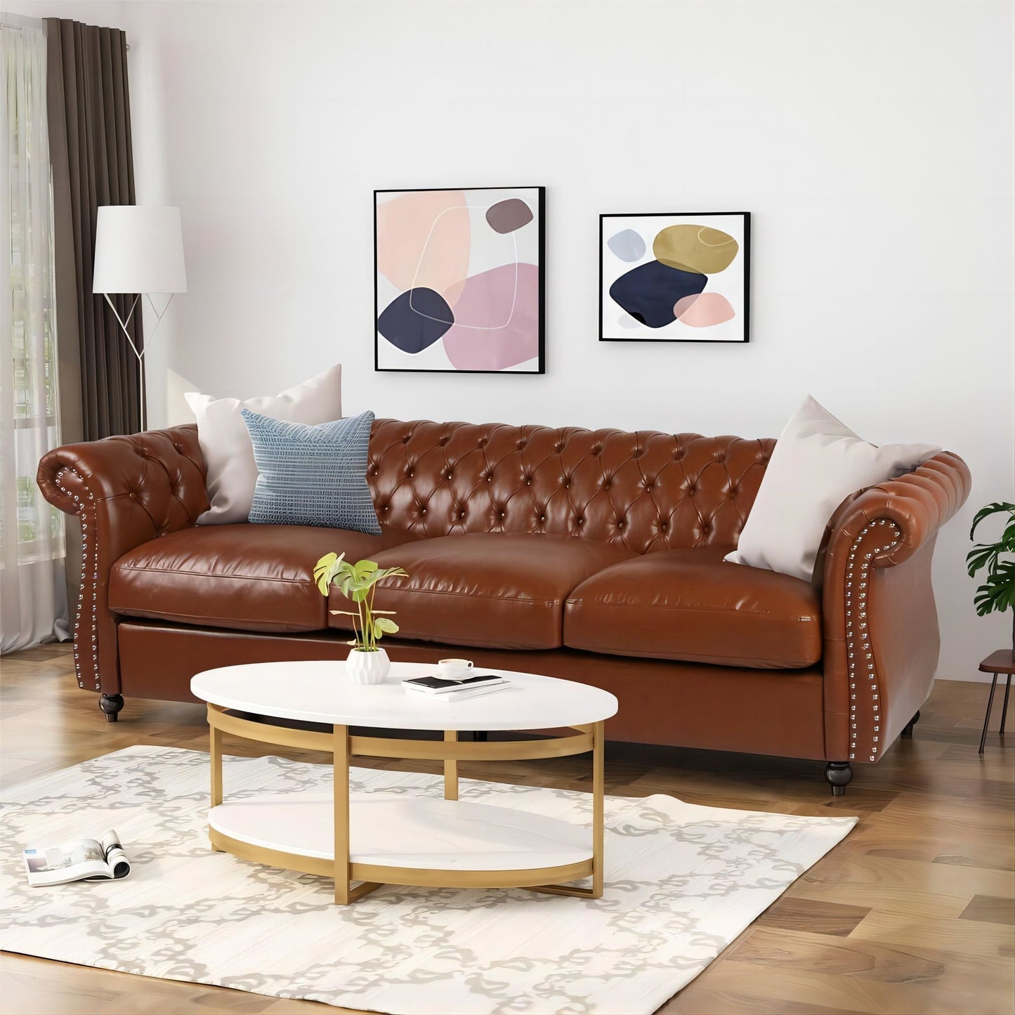 84.50'' Mid Century Cognac Brown 3-Seater Sofa, PU, Classic Retro Sofa with Rolled Arms – Modern, Elegant, and Comfortable Couch, Perfect for Living Room, Office, Bedroom, Primary Living Spaces