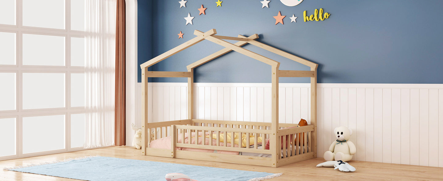 Twin Size Wood Bed House Bed Frame with Fence, for Kids, Teens, Girls, Boys,Natural