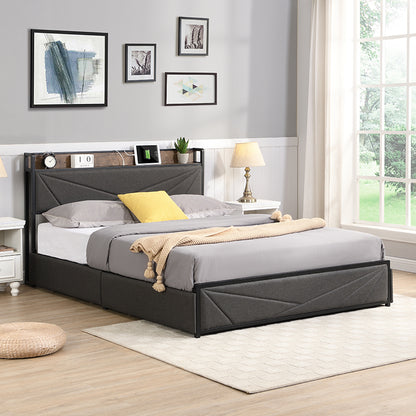 Queen Bed Frame, Storage Headboard with Charging Station, Solid and Stable, Noise Free, No Box Spring Needed, Easy Assembly