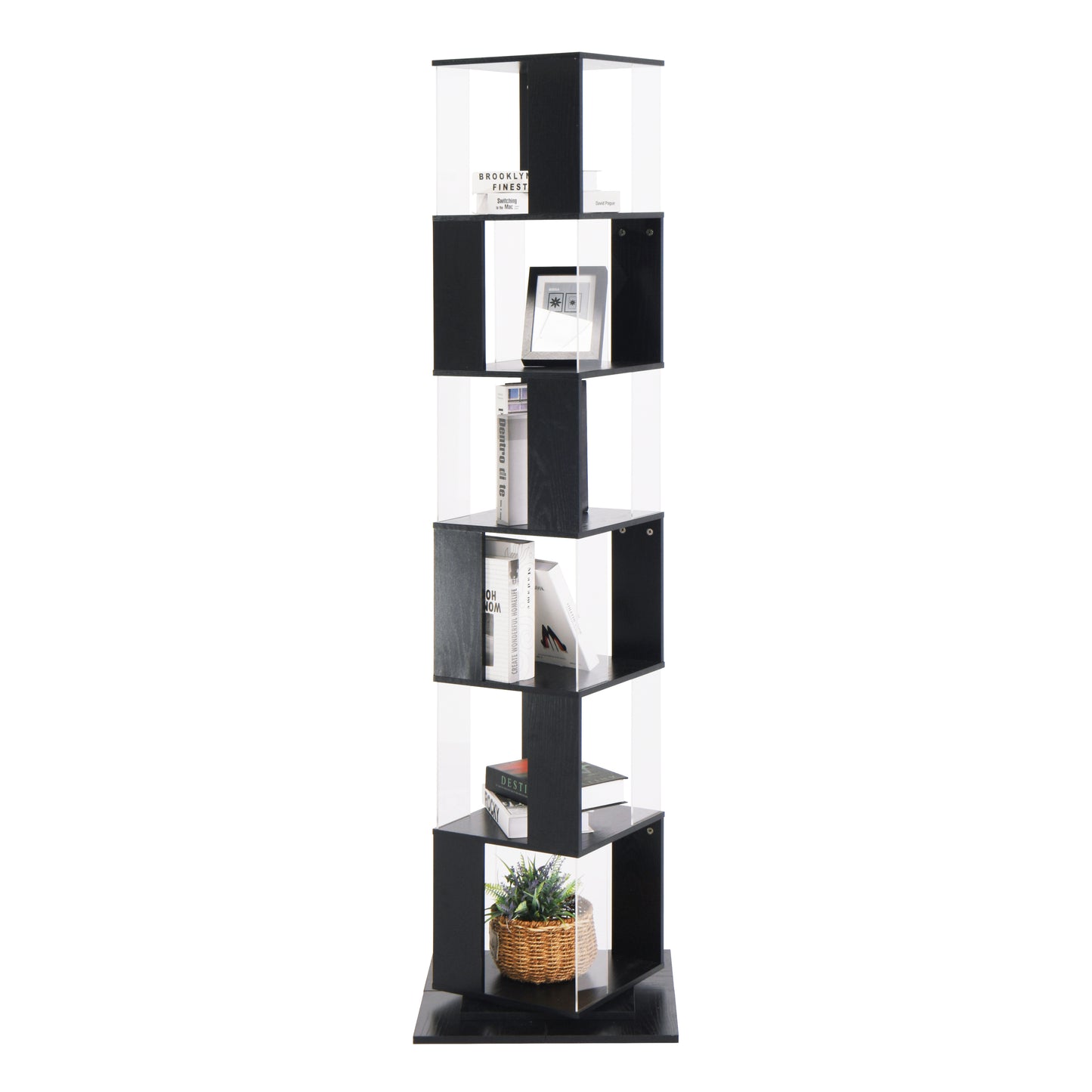6 tier Rotating Bookshelf, Floor Rack Simple Bookcase  with Acrylic plate Student Multi-Function Creative Bookshelf for Living Room with anti-toppling base