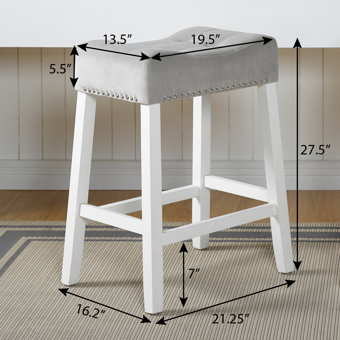 Morovo Set of 2 Velvet Counter Height Stools with Tufted Saddle Seats, White-Wash Finish, Gray