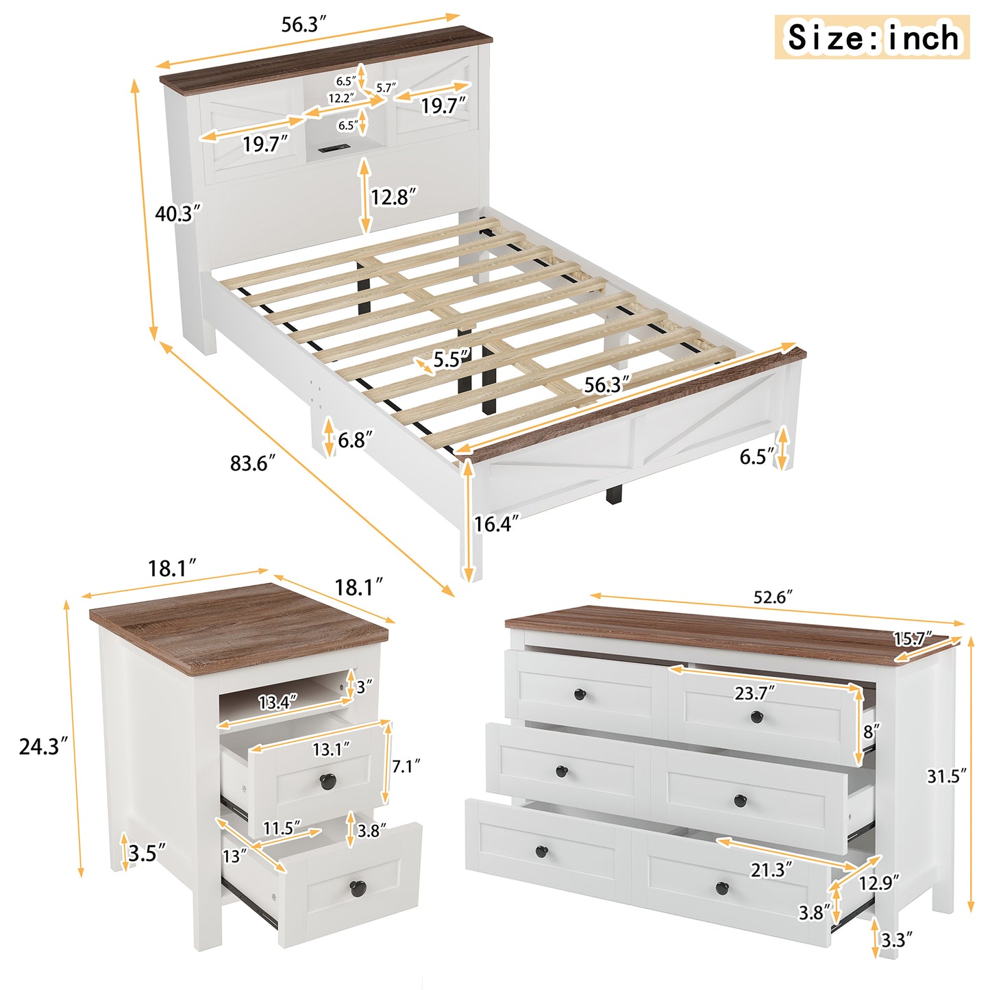 3-Pieces Bedroom Sets Full Size Farmhouse Platform Bed with Double Sliding Door Storage Headboard and Charging Station, Storage Nightstand and Dresser, White+Brown