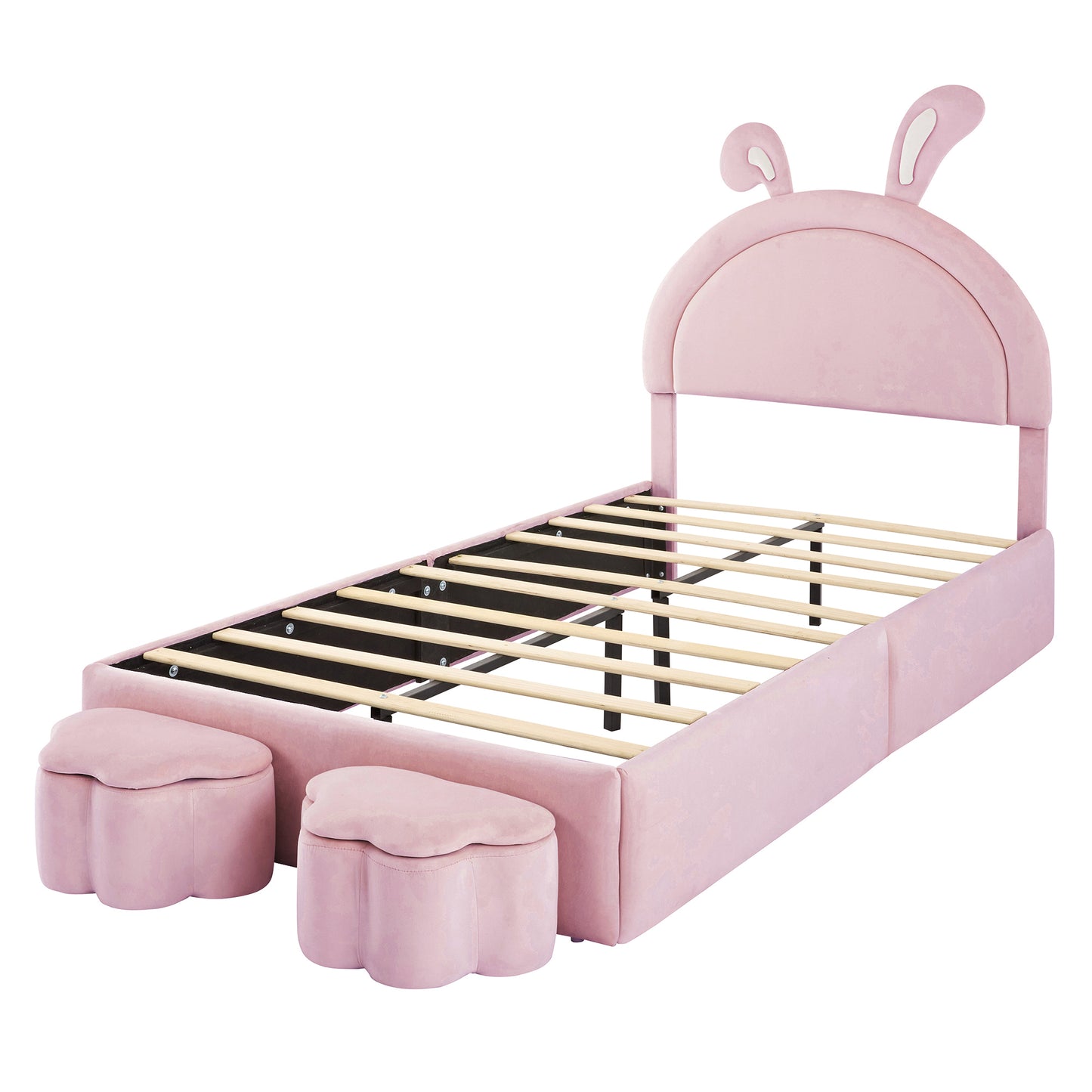 Twin size Upholstered Rabbit-Shape Bed with 2 Storage Stools, Velvet Platform Bed with Cartoon Ears Shaped Headboard, Pink