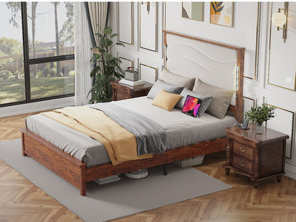 Queen Size Bed Frame with Upholstered Headboard, Queen Bed Frame with Charging Station and LED Lights, Wood Slats, Beige Linen,  No Box Spring Needed, Easy Assembly