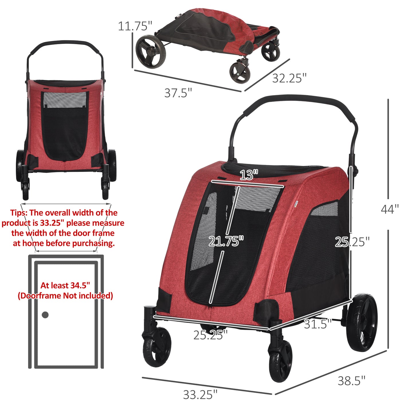 PawHut Pet Stroller Universal Wheel with Storage Basket Ventilated Foldable Oxford Fabric for Medium Size Dogs, Red