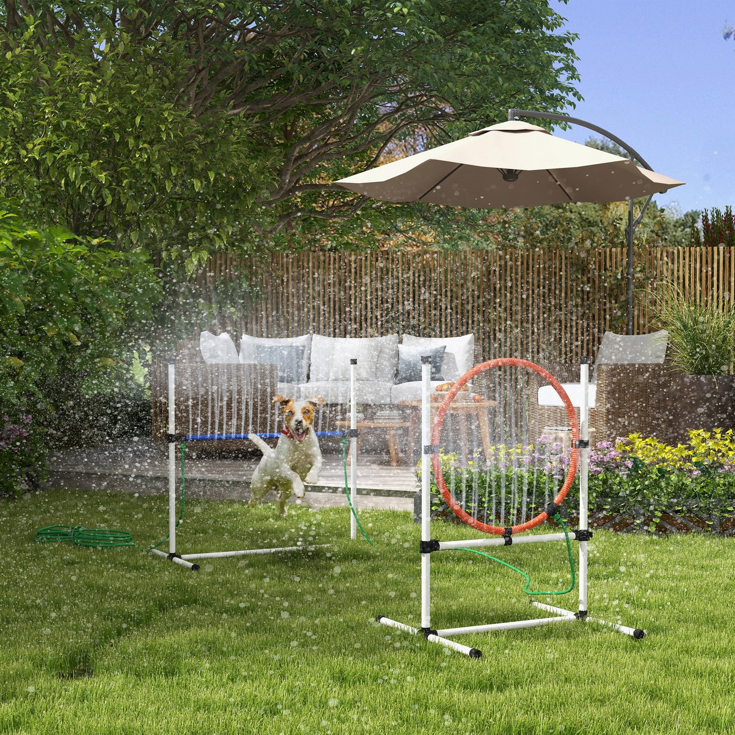 PawHut 3 Piece Dog Agility Training Equipment Set, Dog Obstacle Course with Adjustable Height Jumping Ring and Hurdle, Spray Water Tube, Carry Bag, Whistle, White