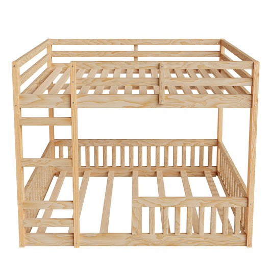Full Over Full Wood Bunk Bed with Ladder and Guardrails in Natural Finish, Pine Wood+MDF, 77.5''L x 56.5''W x 60.2''H
