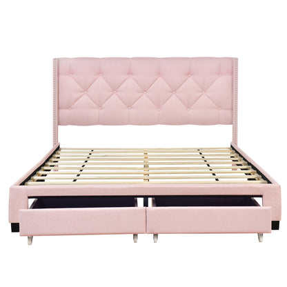 Queen Size Storage Bed Linen Upholstered Platform Bed with Two Drawers - Pink