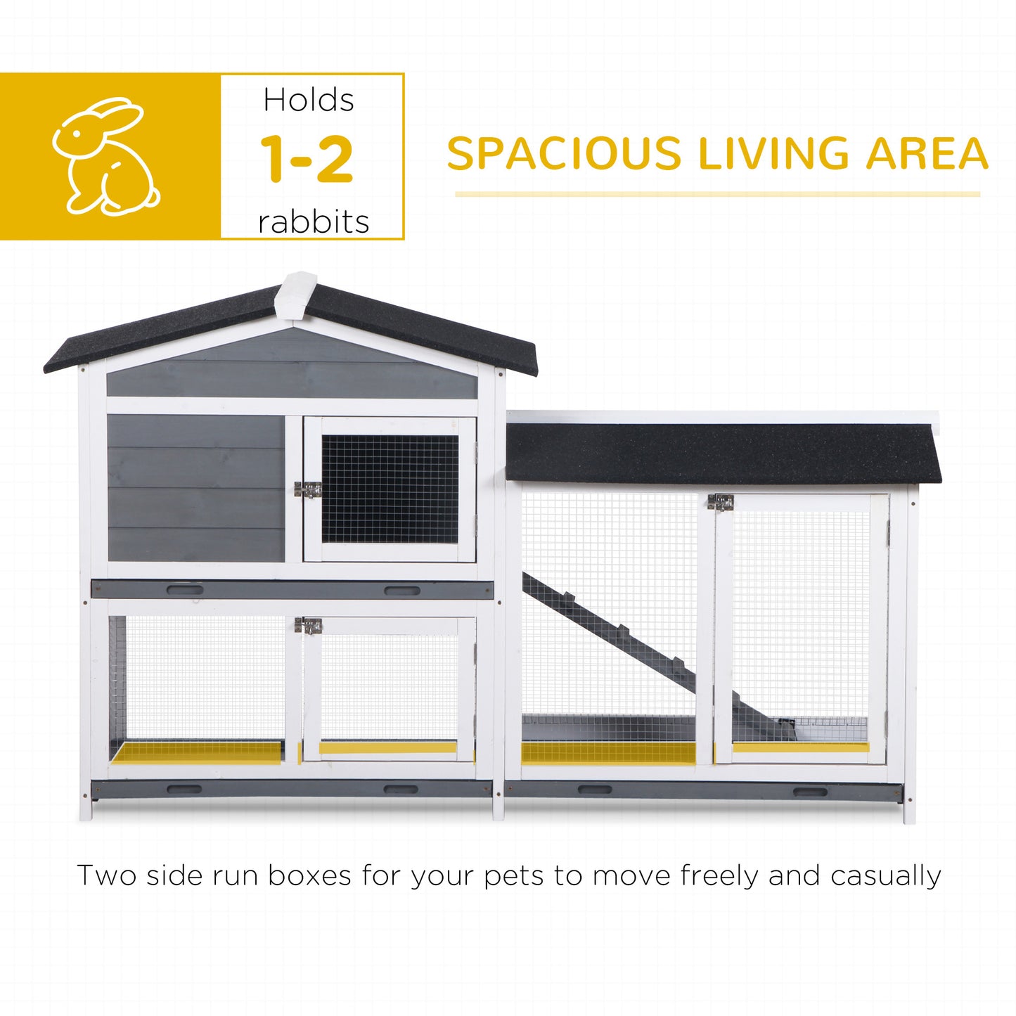 PawHut 62" Rabbit Hutch, Wooden Bunny Hutch, Guinea Pig Cage, Small Animal Enclosure with Run Area, Removable Tray, Asphalt Roof, Lockable Doors and Ramp, Gray