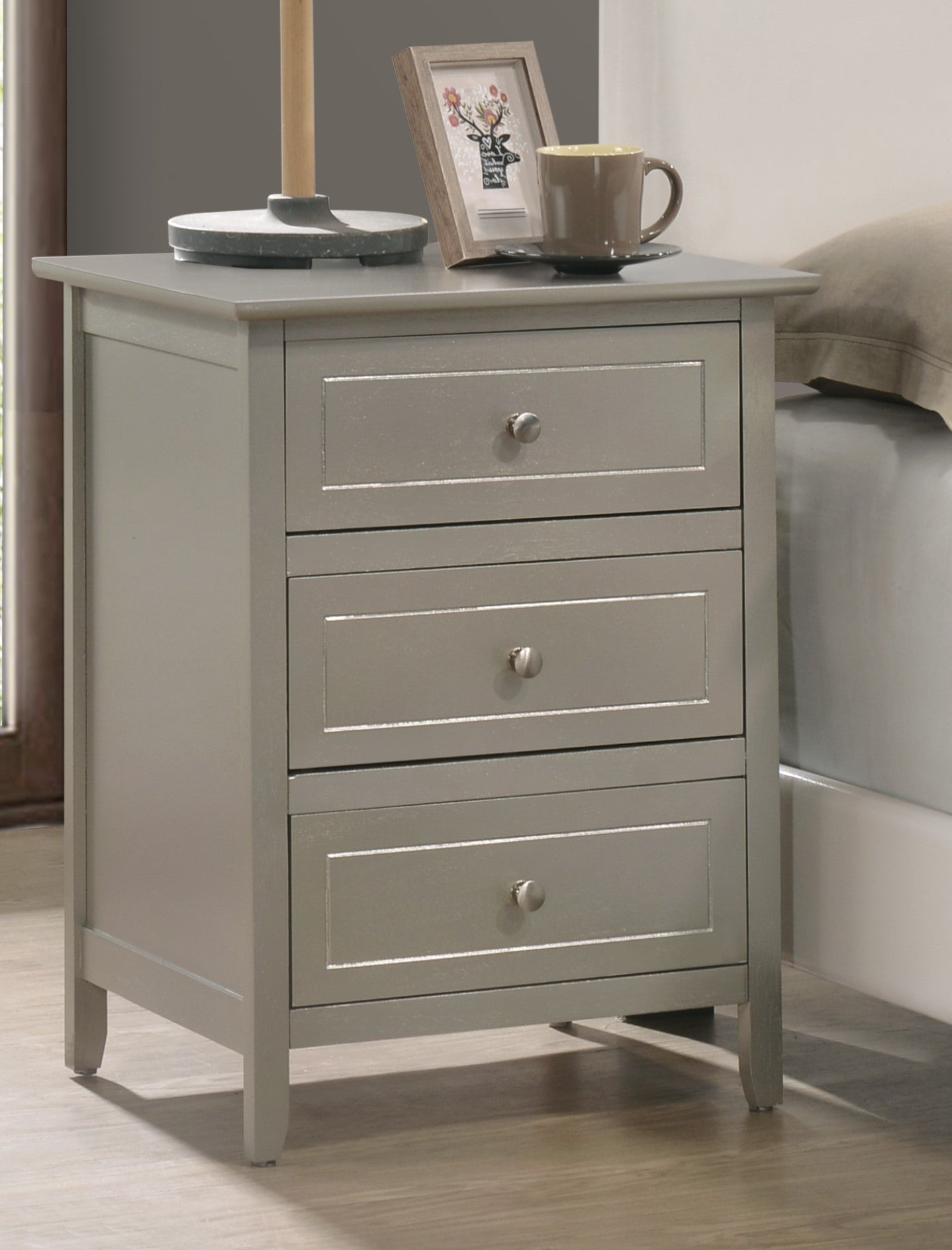 Sleek Contemporary Nightstand In Silver Champagne