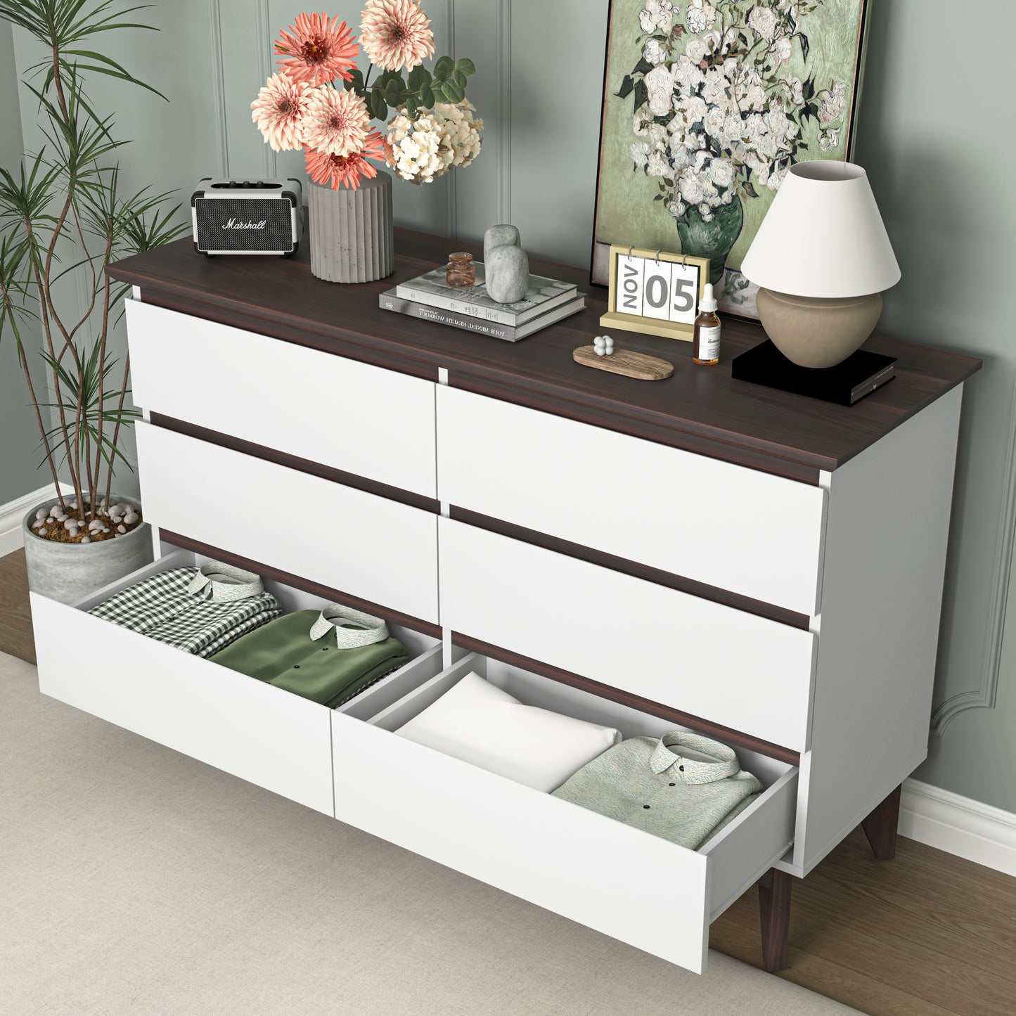 Wide size Drawer Storage Cabinet, 6-drawer Chest of Drawers for Bedroom Living Room, White & Walnut color, 47.2'' W x 15.74'' D x 30 .7''H