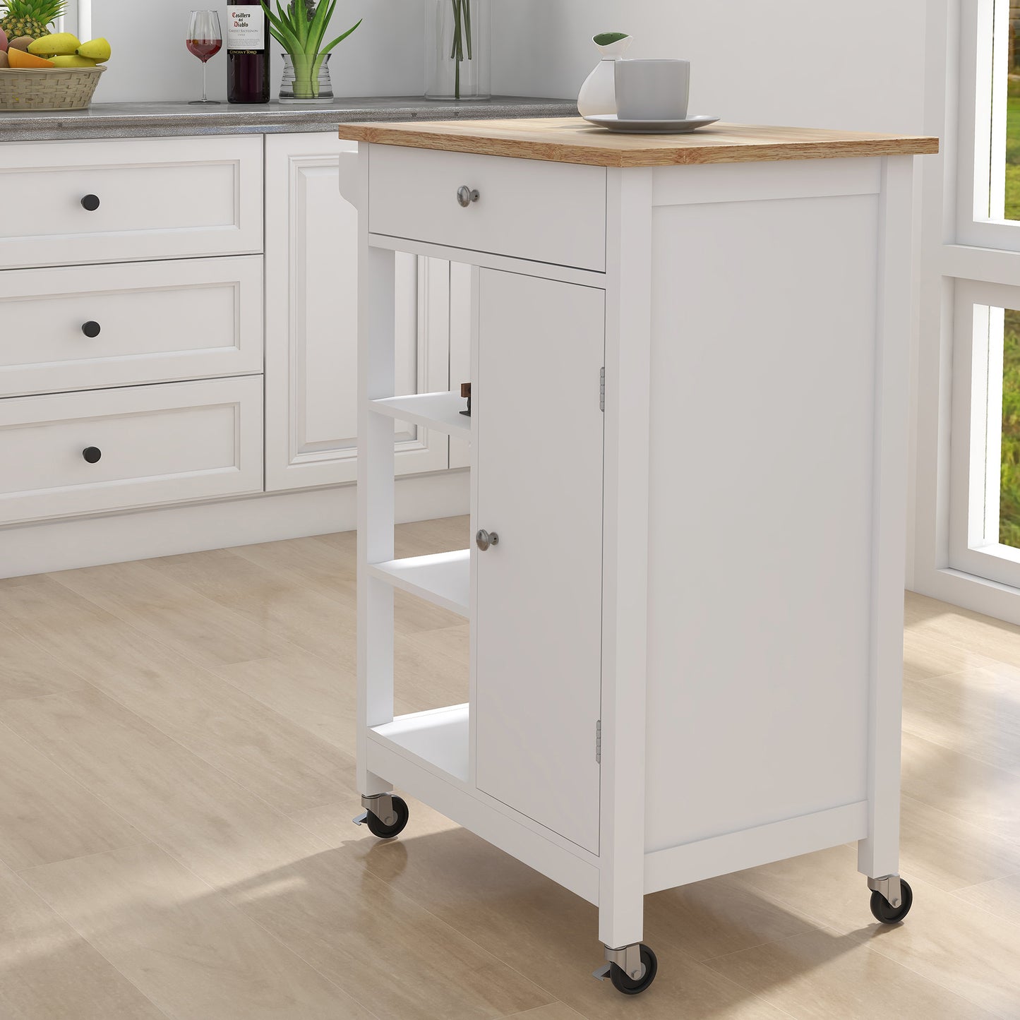 Kitchen island rolling trolley cart with Adjustable Shelves and towel rack rubber wood table top