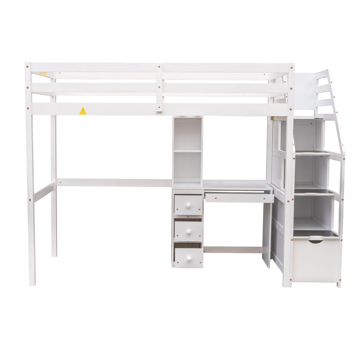 White Twin Size Loft Bed with Stand-alone Bed, Storage Staircase, Desk, Shelves, and Drawers - Pine Wood & MDF