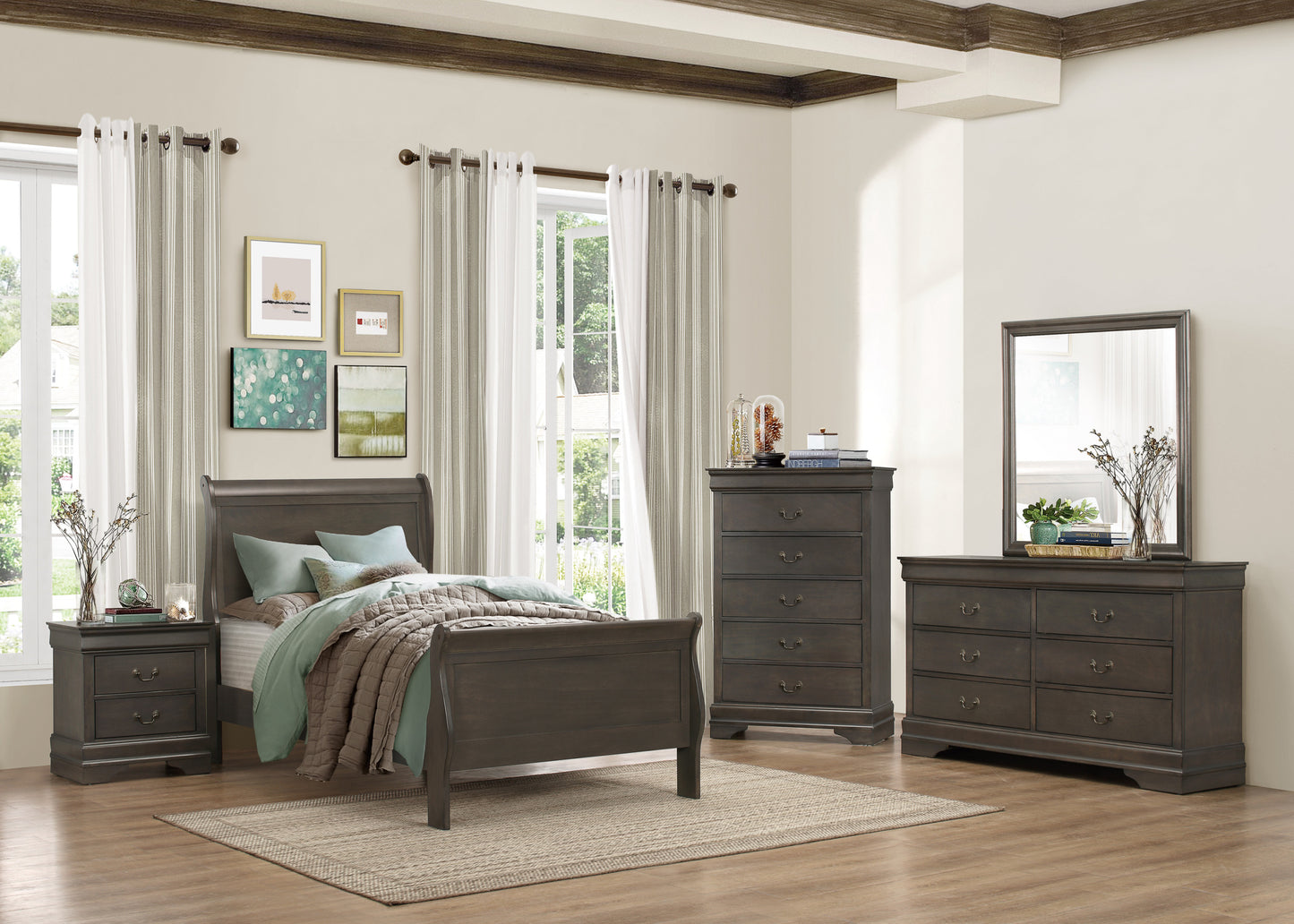 Classic Louis Philipe Style Twin Size Bed 1pc Traditional Design Bedroom Furniture Stained Gray Finish Bed