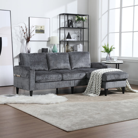 UNITED  WE WIN Sofa for three, solid wood frame, Chenille fabric, side pocket, with two cup holders, footstool with storagestorage sofa /Living room sofa cozy sectional  sofa