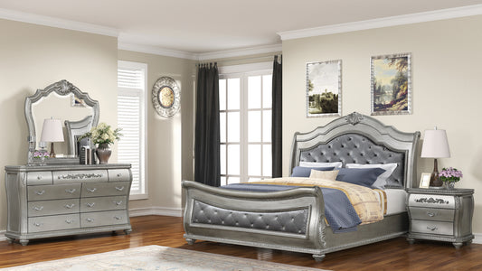 Destiny Traditional Style 4 Pc King Bedroom Set With Upholstered Crystal-Tufted bed Made with Wood in Silver