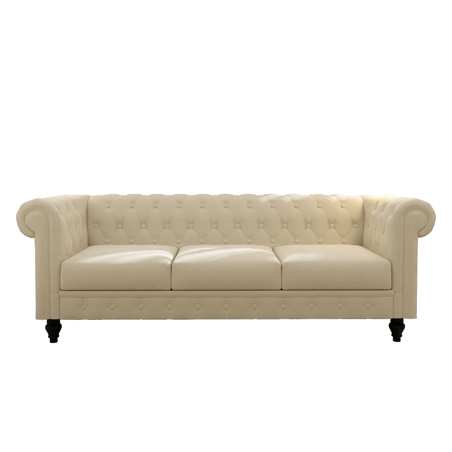 Elegant Beige Chesterfield Sofa - 3-Seater Plush Fabric with Tufted Buttons and Wooden Legs - Classic Design, Comfortable and Durable for Living Room Furniture