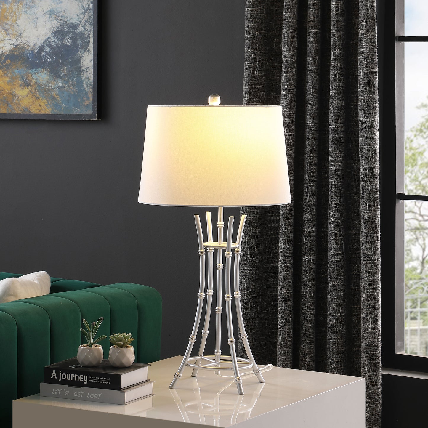 29.25" In Kiara Modern Satin Silver Bamboo Metal Table Lamp