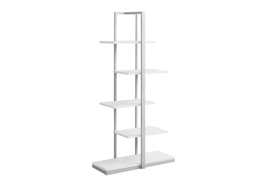 Bookshelf, Bookcase, Etagere, 5 Tier, 60"h, Office, Bedroom, White Laminate, Grey Metal, Contemporary, Modern