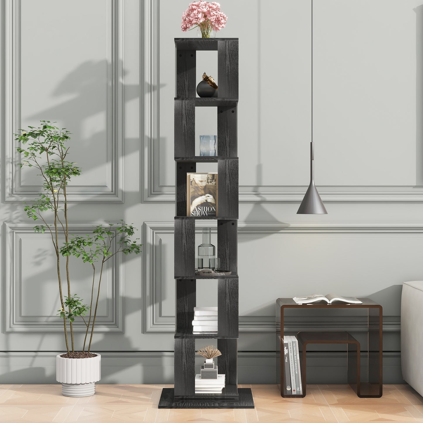 6 tier Rotating Bookshelf, Floor Rack Simple Bookcase  with Acrylic plate Student Multi-Function Creative Bookshelf for Living Room with anti-toppling base
