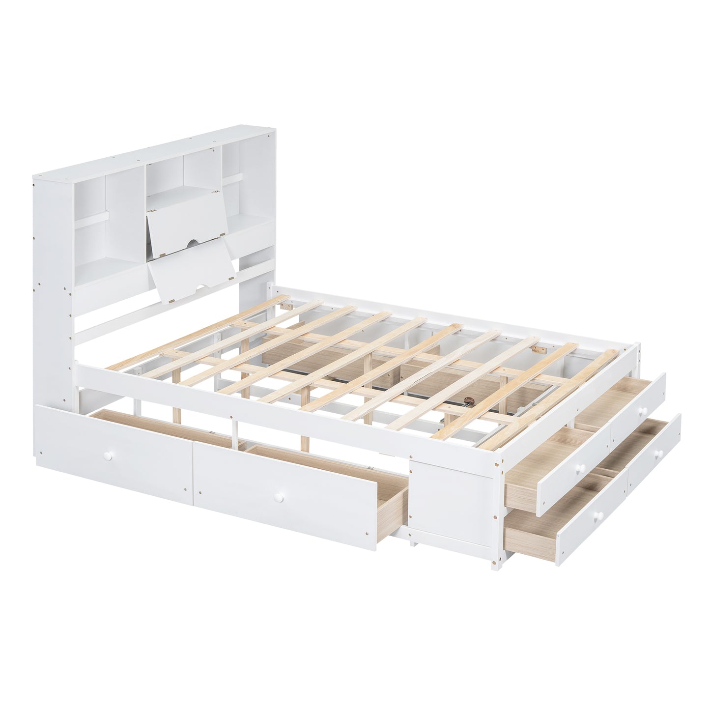 Queen Size Platform Bed with Storage Headboard and 8 Drawers, White