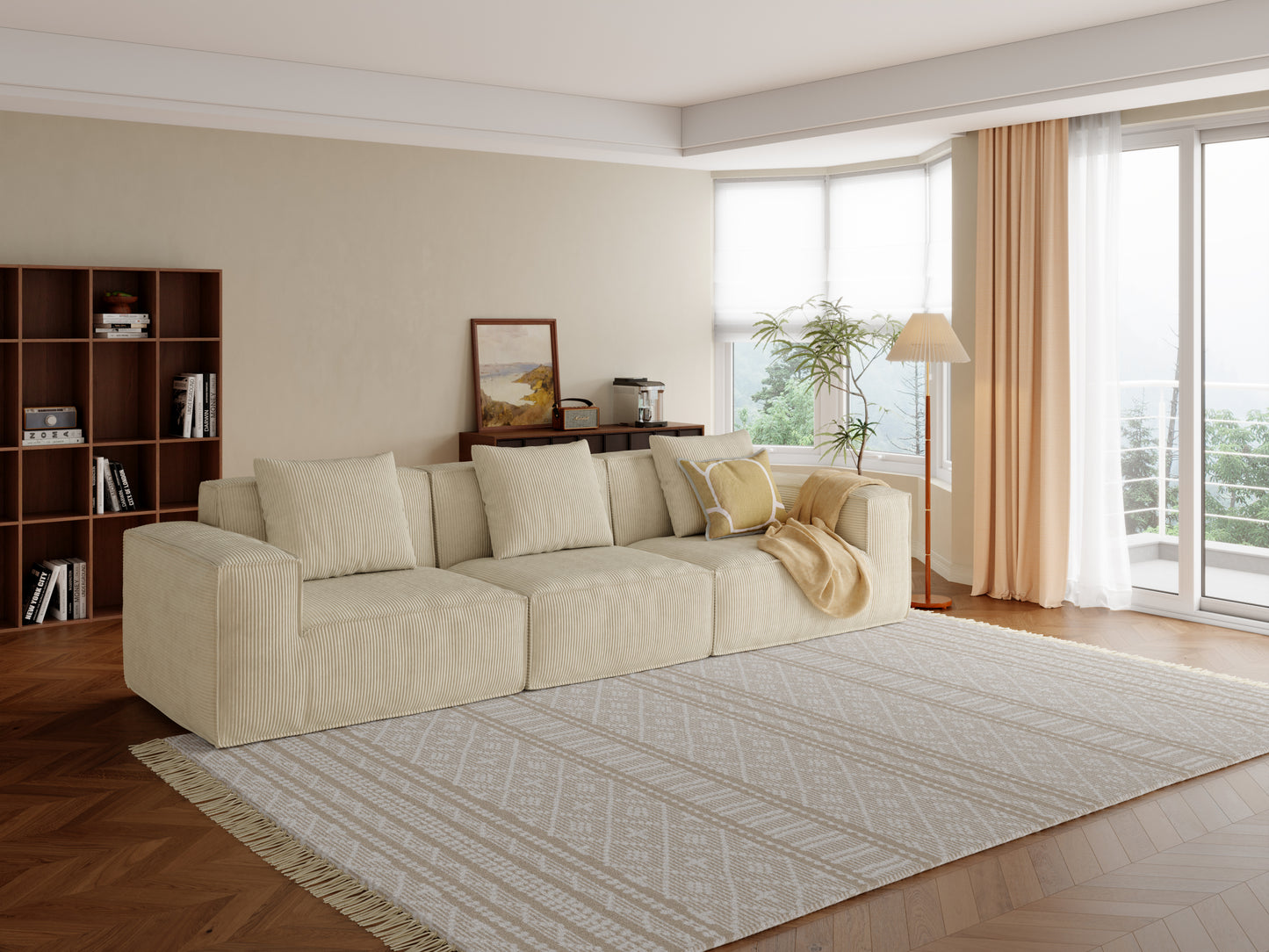 118-inch modular sofa can be converted into an oversized sofa bed  Free conversion sofa set flexible configuration, soft corduroy cloud velvet fabric Three-person combination cream