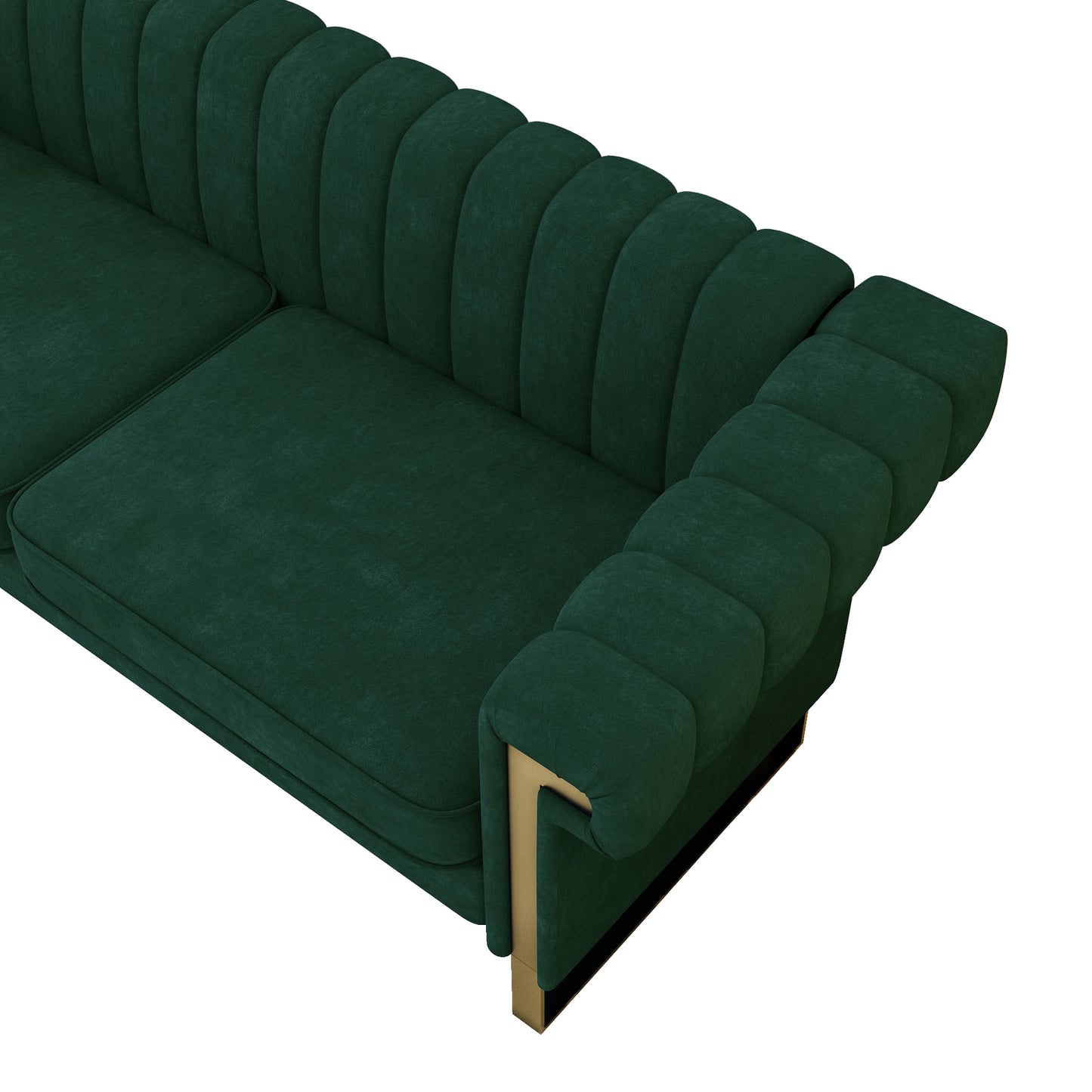 FX-P81-RG2  RETRO GREEN SOFA Modern Cream Velvet Sofa with Gold Accents - Sleek Channel-Tufted Upholstery, 3-Seat Couch for Living Room and Office Decor