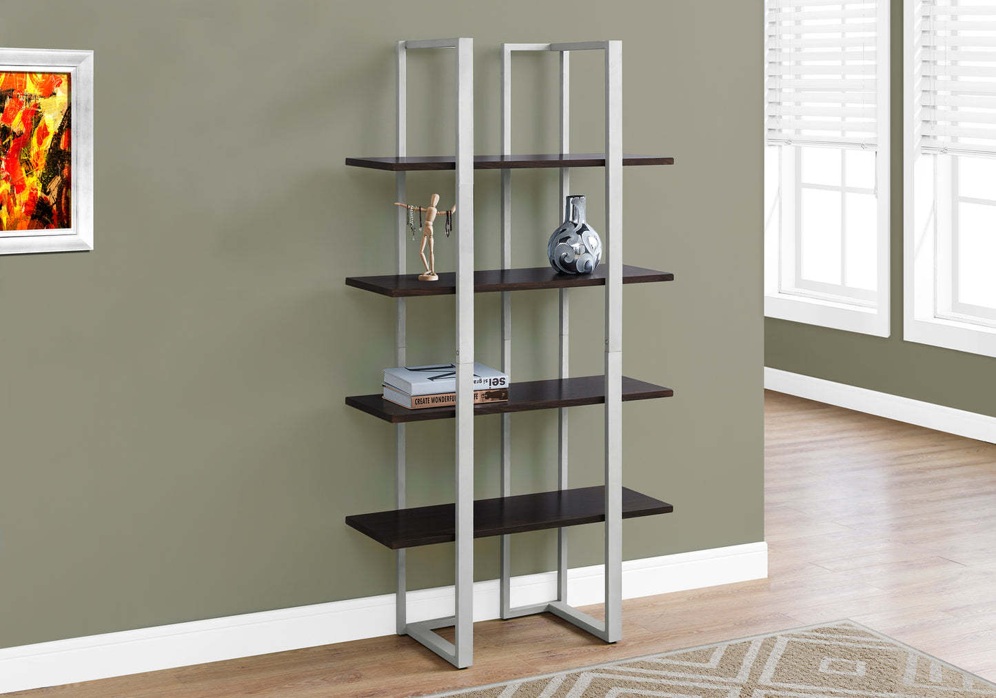 Bookshelf, Bookcase, Etagere, 4 Tier, 60"h, Office, Bedroom, Brown Laminate, Grey Metal, Contemporary, Modern