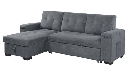 Toby 95" Gray Woven Fabric Reversible Sleeper Sectional Sofa with Storage Chaise Cup Holder Charging Ports and Pockets