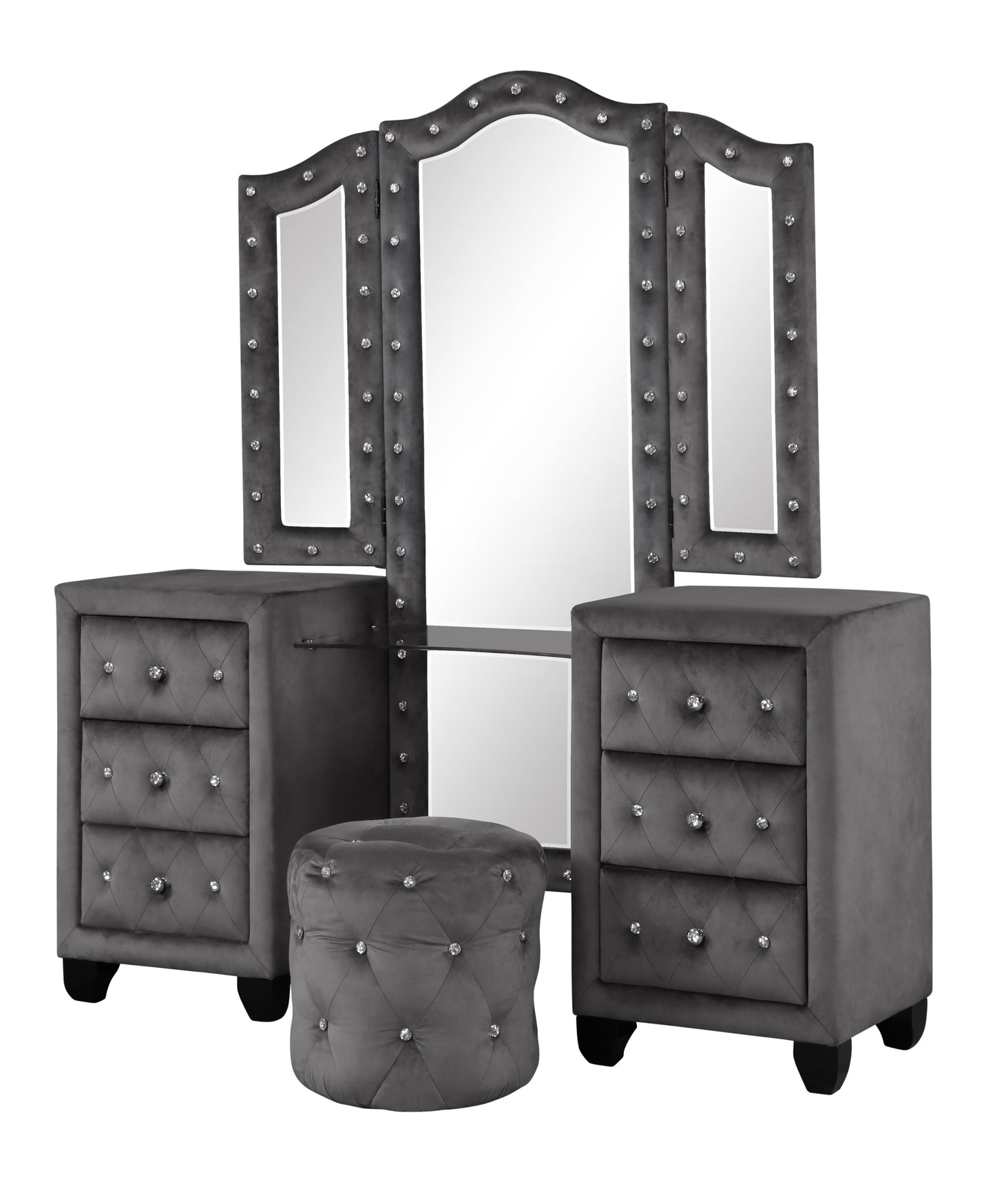 Modern Style Crystal Tufted Upholstery 6-Drawer Vanity Set with Stool, finished with Velvet Fabric made with Wood in Gray