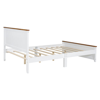 Queen Size Wood Platform Bed Wooden Slat Support, Vintage Simple Bed Frame with Rectangular Headboard and Footboard, White