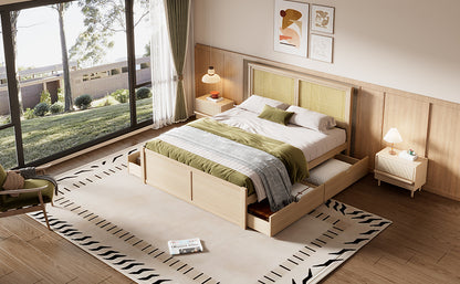 Queen Size Wood Storage Platform Bed with 4 Drawers, Rattan Headboard, Nature