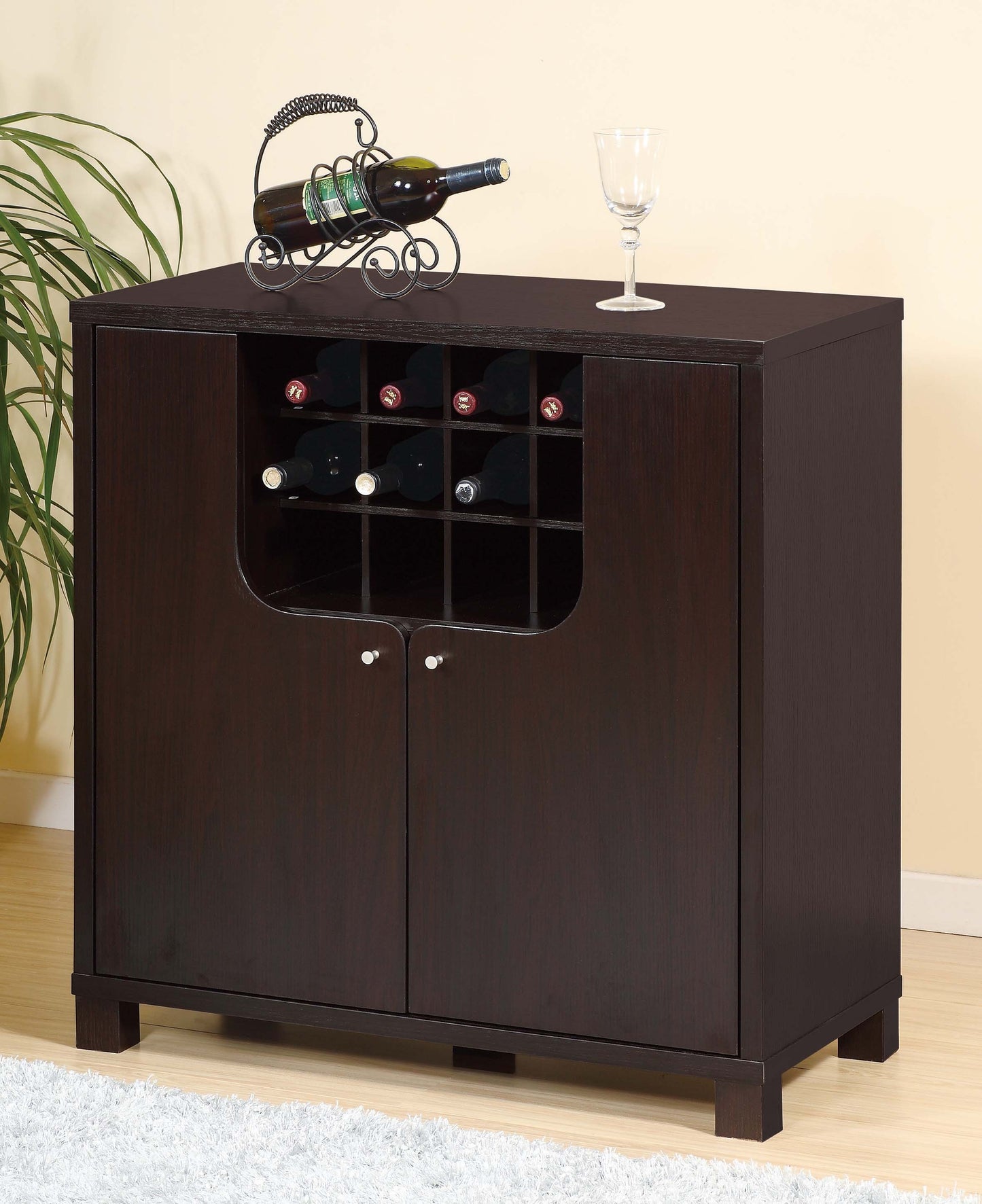 Wine Cabinet Red Cocoa with Two Doors Removeable Wine Bottle Rack Metal Wine Glass Racks Four Shelves