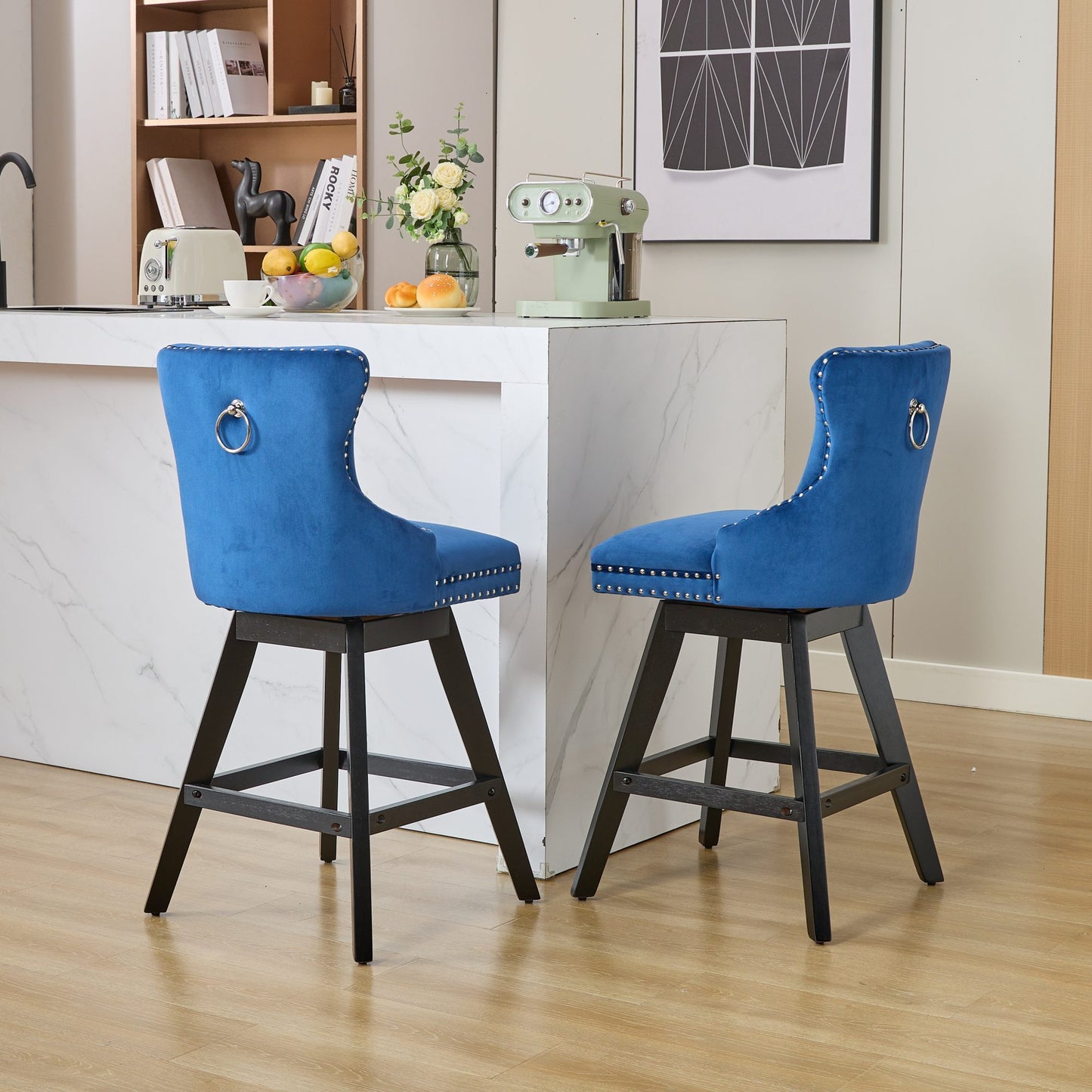 Swivel Velvet Barstools with Button Tufted Decoration and Wooden Legs, and Chrome Nailhead Trim, Leisure Style Bar Chairs,Bar stools, Set of 2 (Blue),SW1860BL