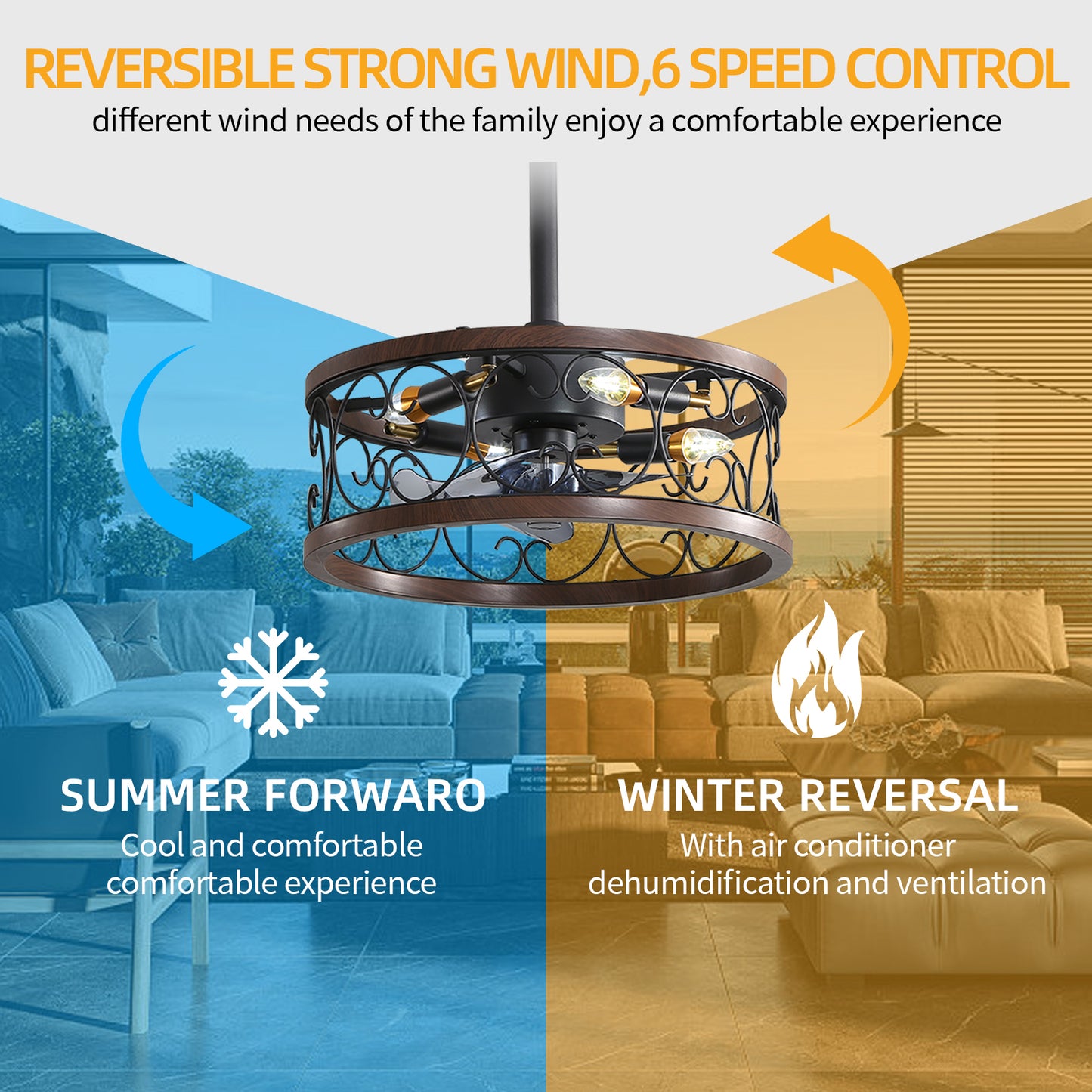 18inch Caged Ceiling Fan with Lights Remote Control for APP (Note:No warranty on bulbs)