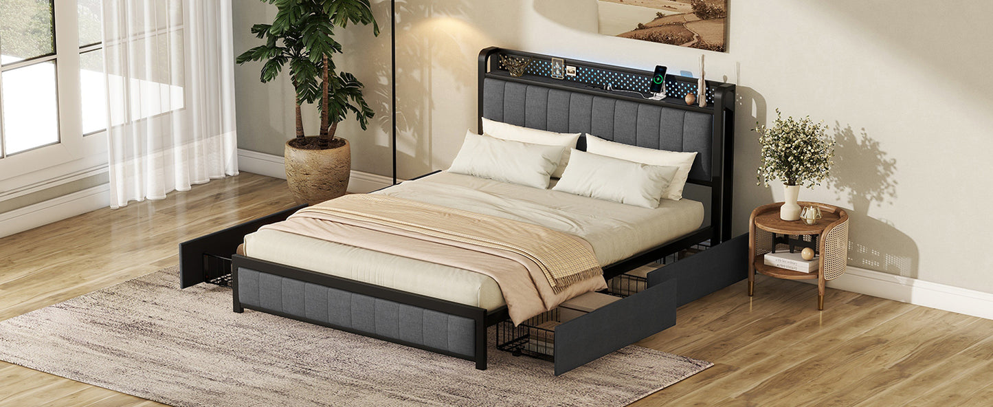 Queen Bed Frame with LED Headboard, Upholstered Bed with 4 Storage Drawers and USB Ports, Dark Grey