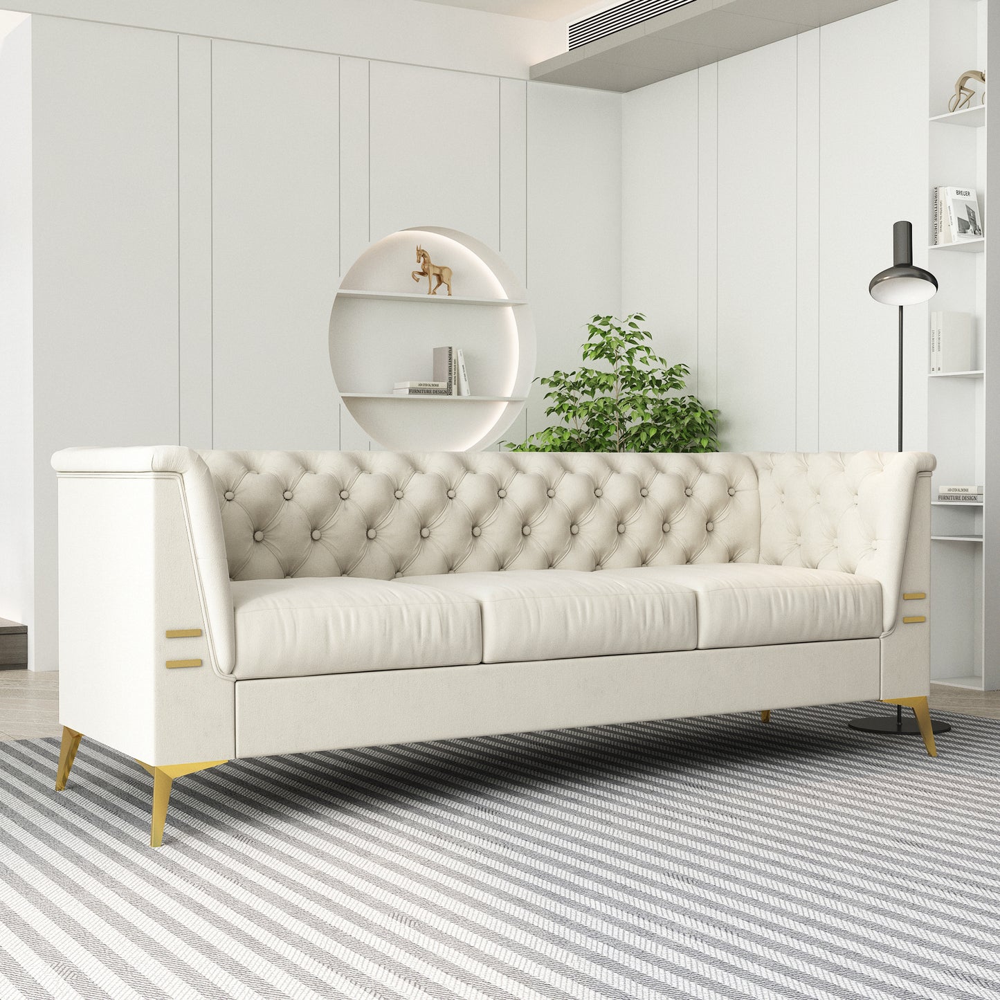 FX-P83-CW (sofa) -Modern Velvet Living Room Chesterfield design 82.7inch Wide Sofa cream white color