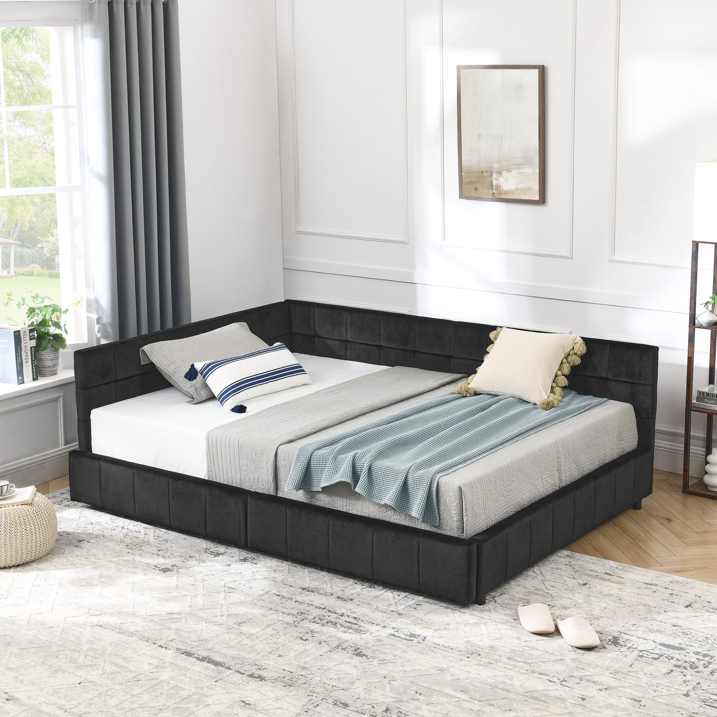 Full Size Storage Upholstered Tufted Bed Frame, Sofa Bed Frame with Comfortable Backrest and Armrests, Full Size Bed for Bedroom, Living Room,Velvet, BLACK(80.5''*59''*29.5'')